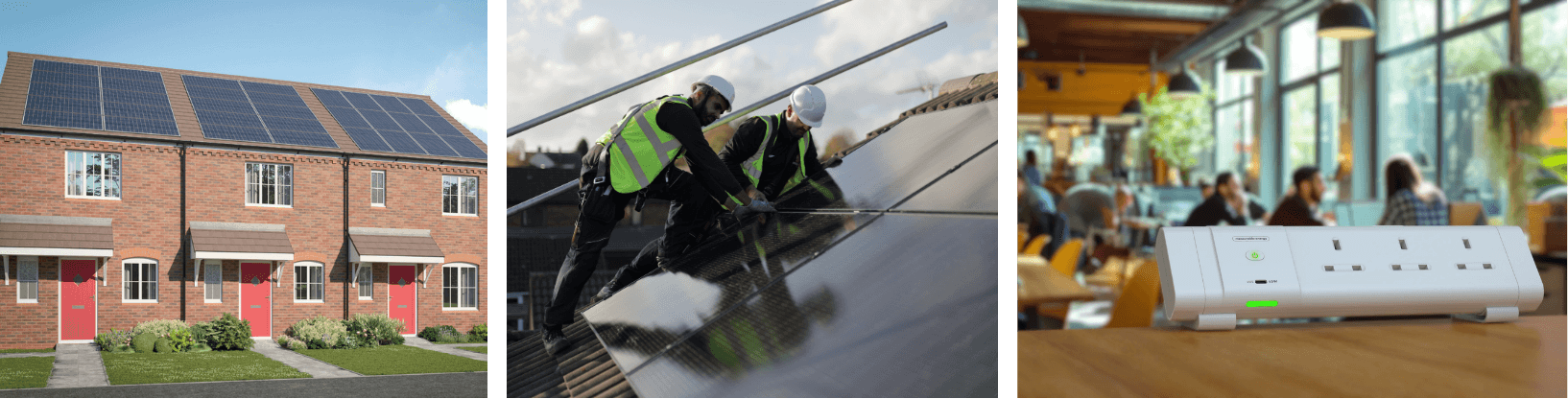 a row of three images: a row of brick houses with solar panels on the roof, engineers in high-vis installing solar panels, an electric plug socket in a busy office